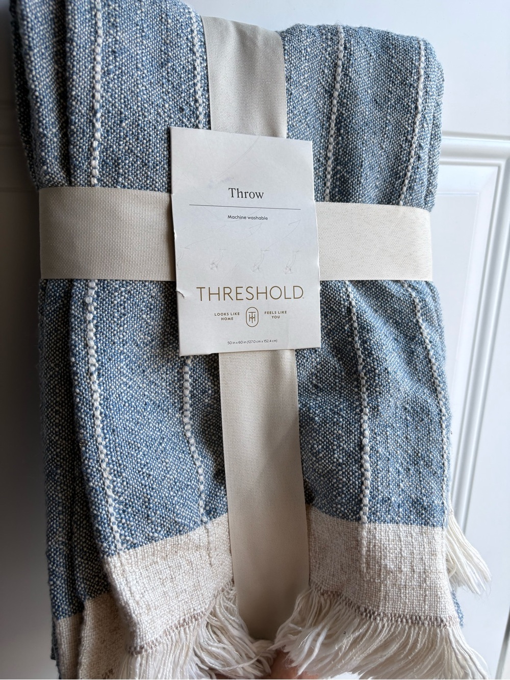 Lightweight Blue Woven Throw Blanket with fringe from Threshold